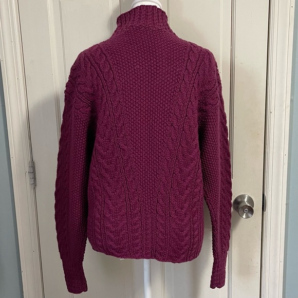 Vintage Hand Knit 100% Wool Cableknit Fisherman Cardigan Sweater Medium Purple - Picture 9 of 12